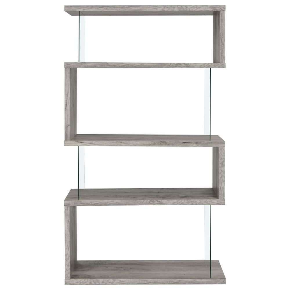 Coaster Emelle 4-Shelf Bookcase with Glass Panel in Light Grey Driftwood and Clear, , large