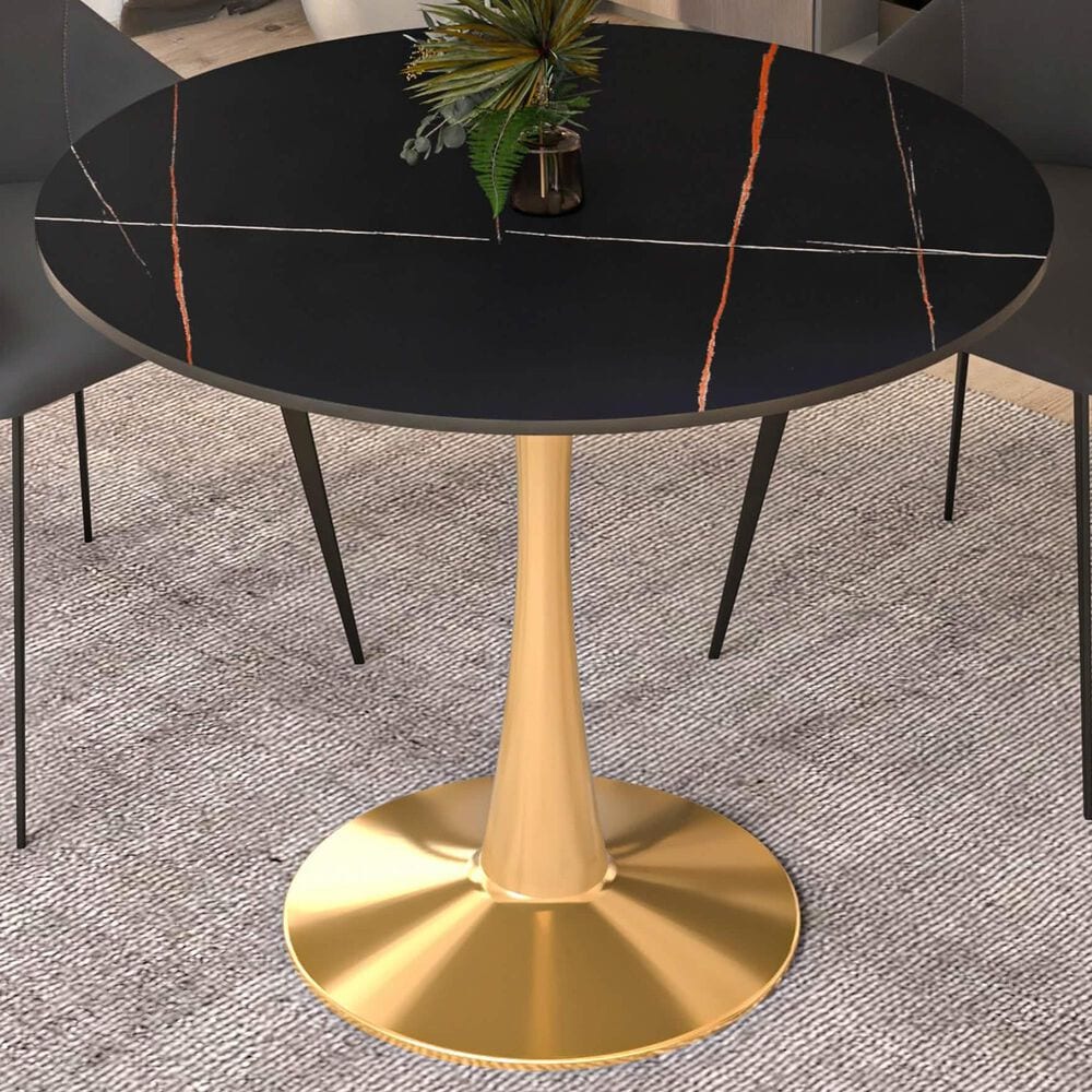 Leisuremod Leisuremod Bristol 35 round dining table Gold base with Black Sintered stone Top, , large