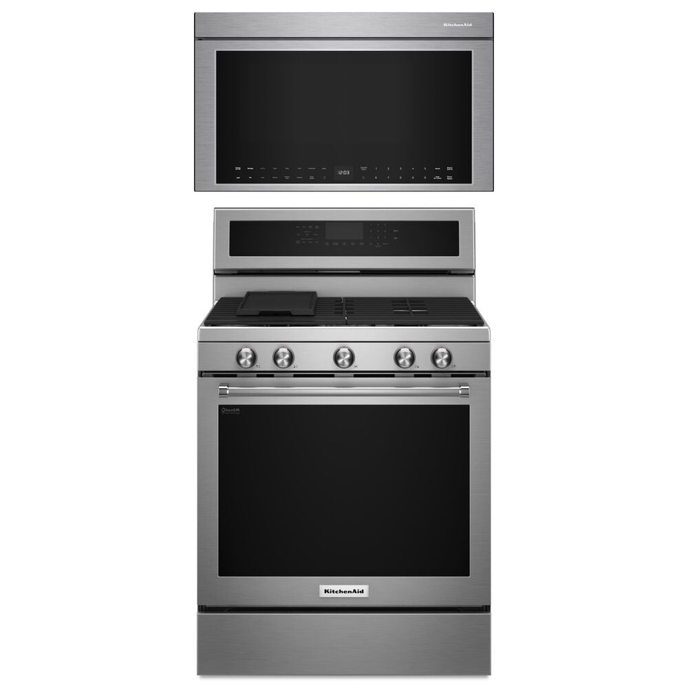 KitchenAid 2-Piece Kitchen Package with 5.8 Cu. Ft. Freestanding Gas Range and 1.1 Cu. Ft. Over-The-Range Microwave Oven in Stainless Steel, , large