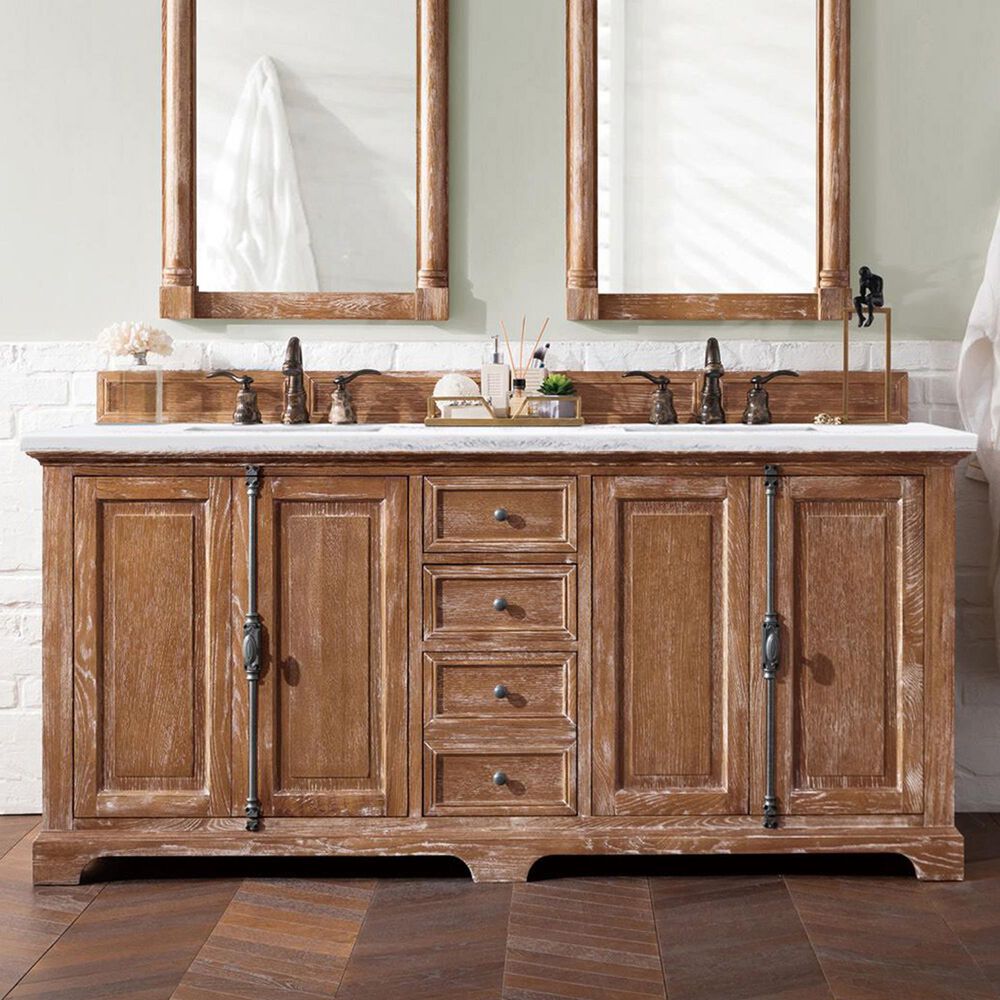 James Martin Vanities Providence 72&quot; Double Bathroom Vanity in Driftwood with 3 cm Arctic Fall Solid Surface Top and Rectangular Sinks, , large
