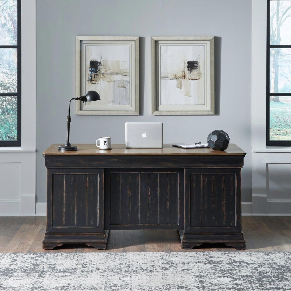 Liberty Furniture Meritage Junior Executive Desk in Aged Charcoal and Caramel, , large