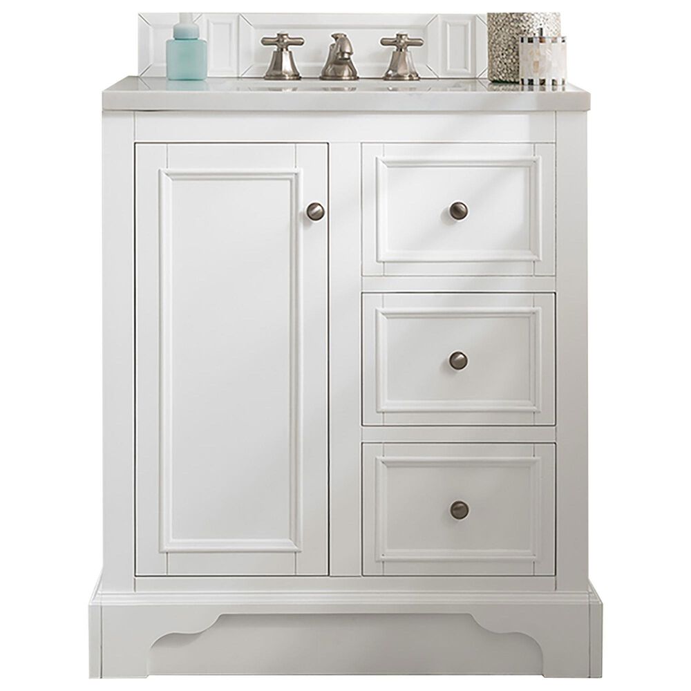 James Martin Vanities De Soto 30" Single Bathroom Vanity in Bright White with 3 cm White Zeus Quartz Top and Rectangular Sink, , large