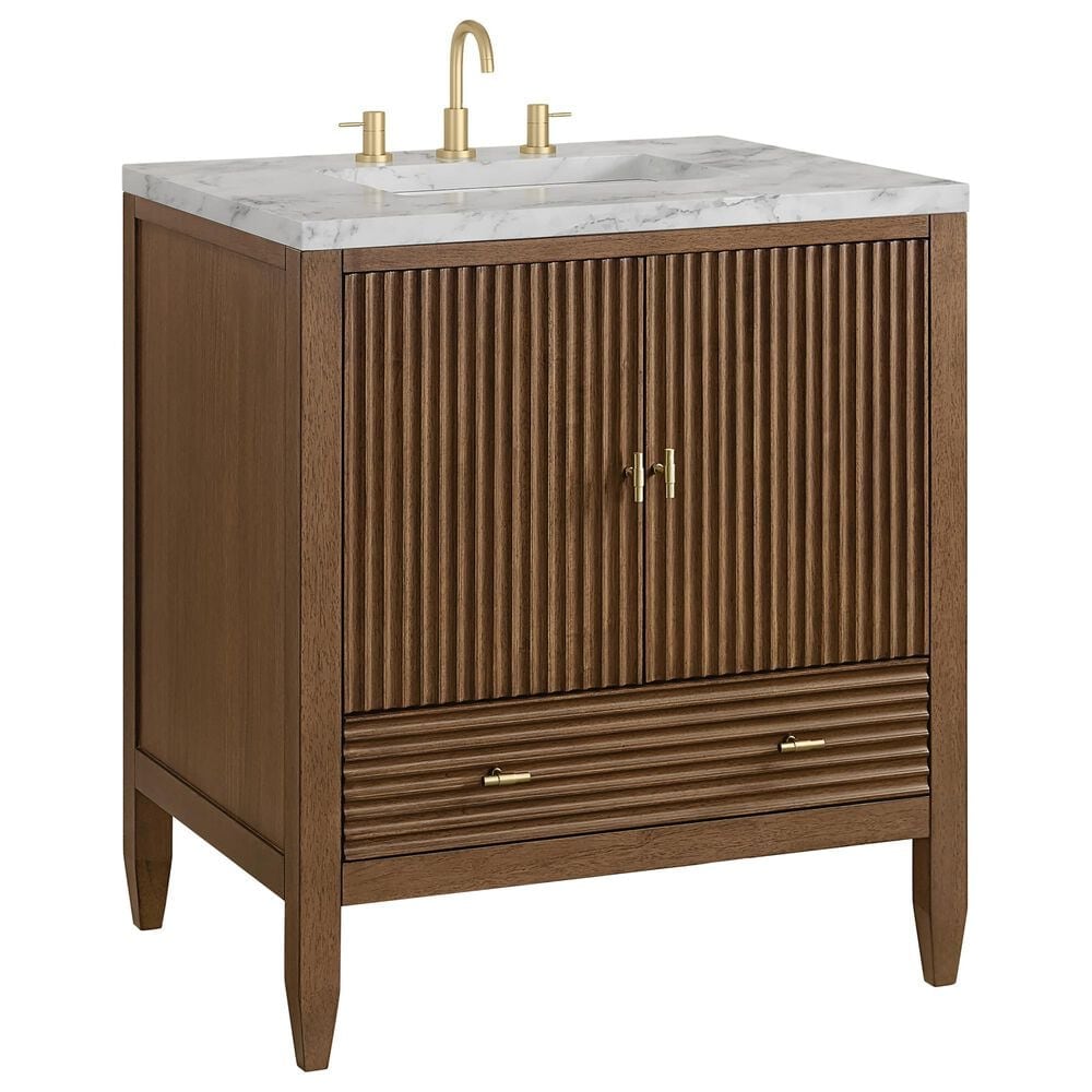 James Martin Myrrin 30" Single Bathroom Vanity in Mid-Century Walnut with 3 cm Carrara Marble Top and Rectangular Sink, , large