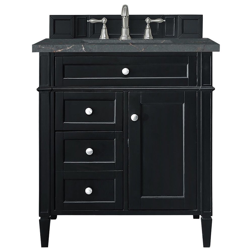 James Martin Vanities Brittany 30" Single Bathroom Vanity in Black Onyx with 3 cm Parisien Bleu Quartz Top and Rectangular Sink, , large