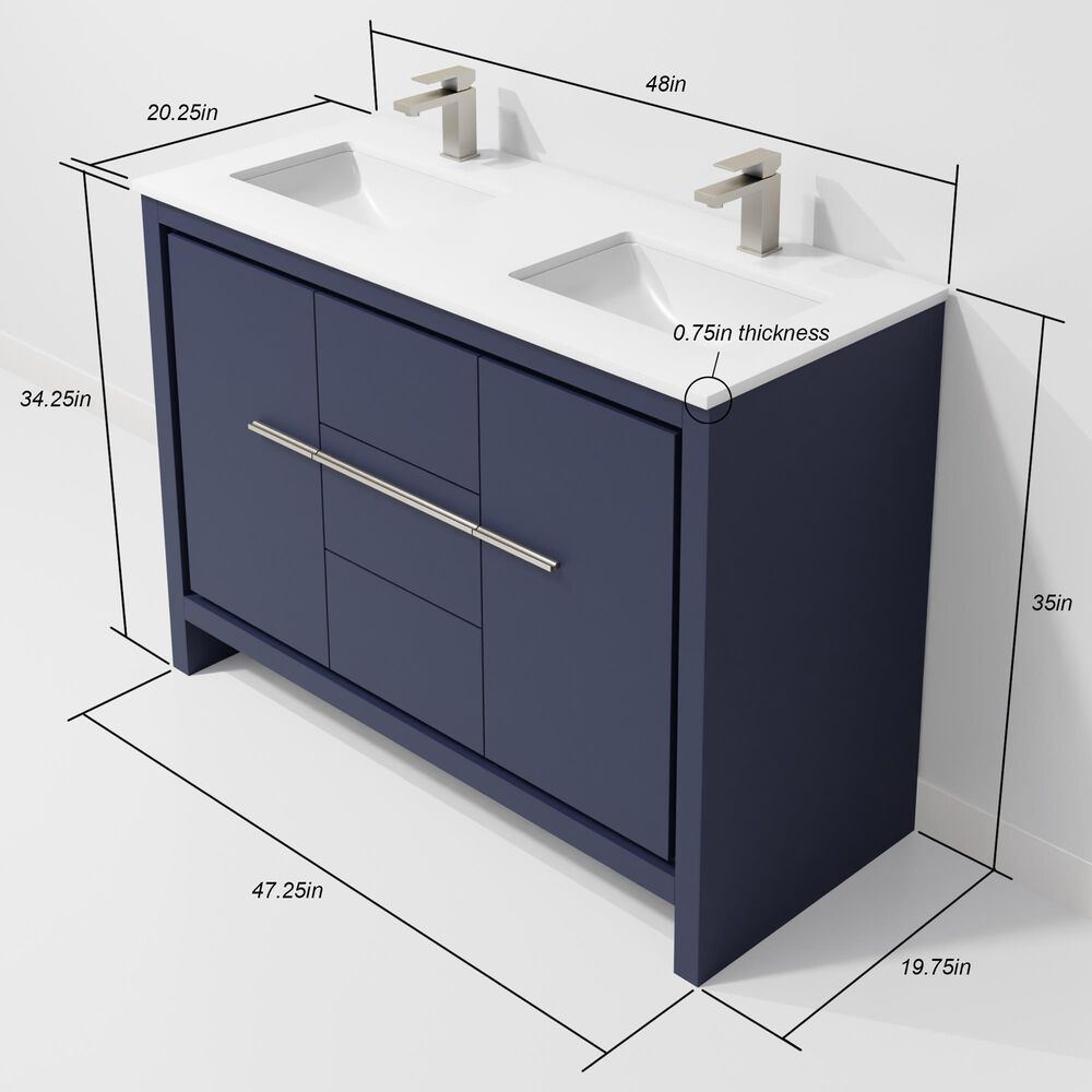 Lexora Home Lafarre 48&quot; Double Bathroom Vanity in Navy Blue with 2 cm White Cultured Marble Top and Rectangular Sinks, , large