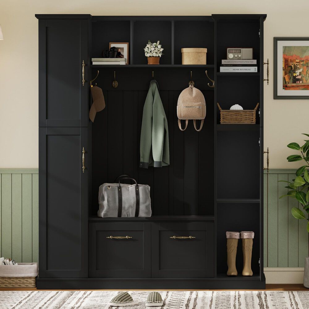 HOMLUX 5-Hook Hall Tree with 4 Side Cabinets and Storage Bench in Black, , large