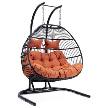 Leisuremod Patio 2-Seat Double Folding Hanging Egg Swing Chair with Orange Cushion in Black, , large