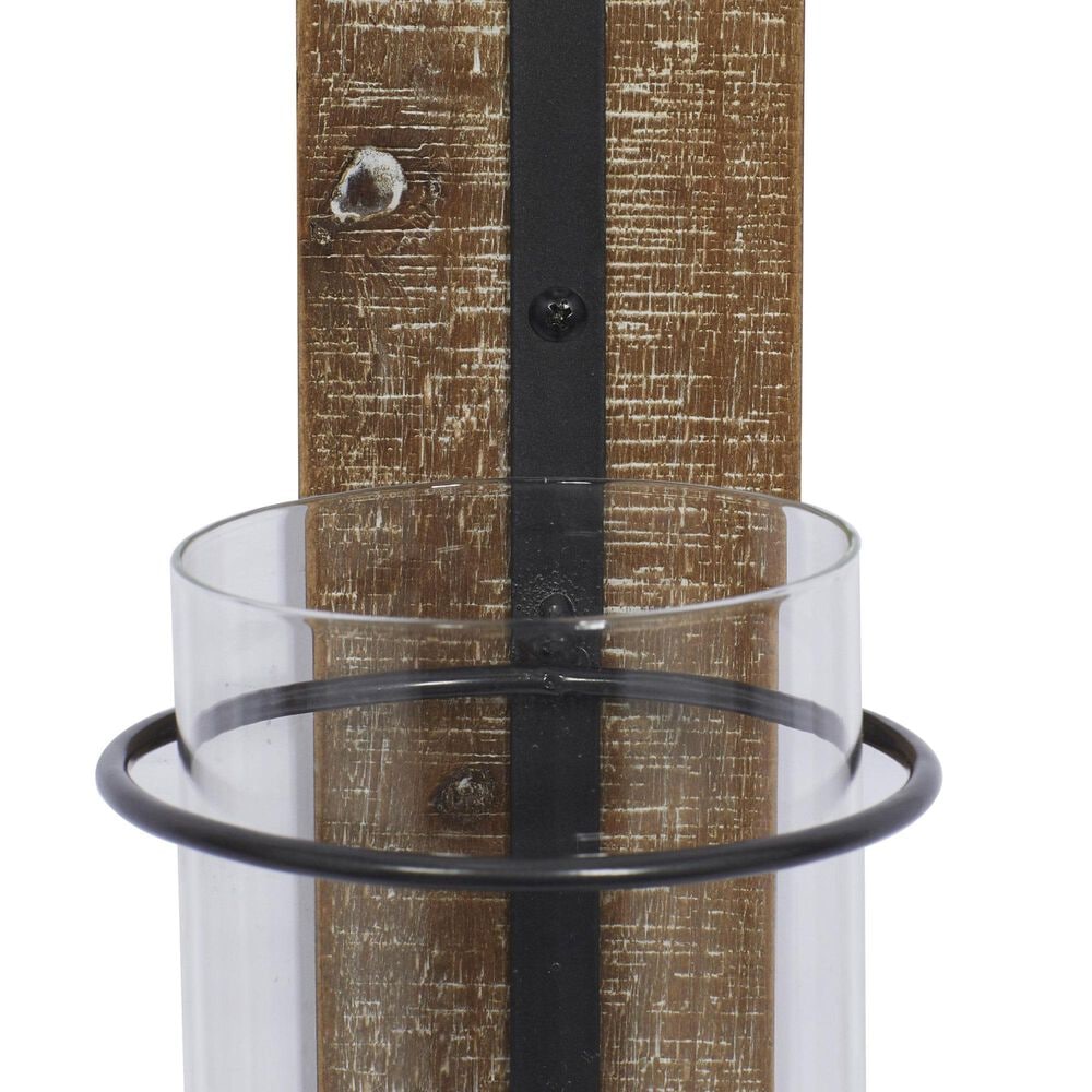 Maple and Jade Pillar Geometric Wall Sconce with Wood Back Mount in Brown and Black, , large