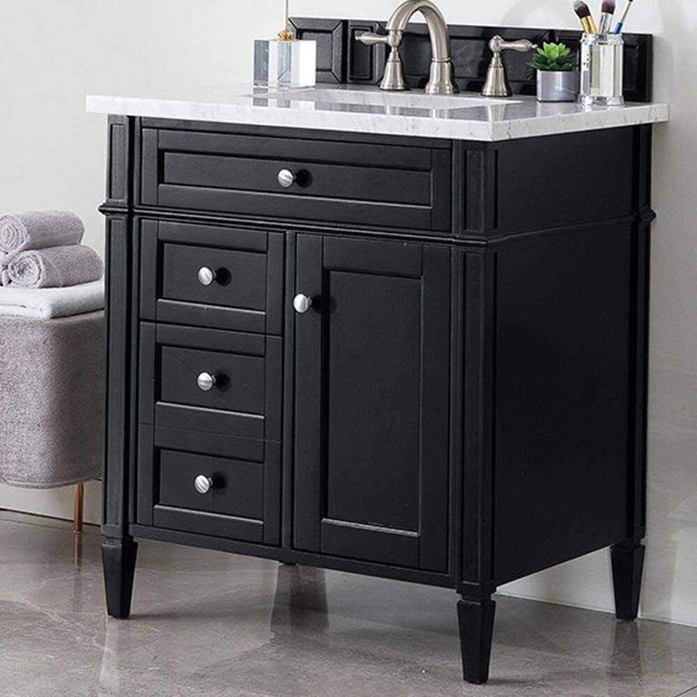 James Martin Vanities Brittany 30&quot; Single Bathroom Vanity in Black Onyx with 3 cm Carrara White Marble Top and Rectangle Sink, , large
