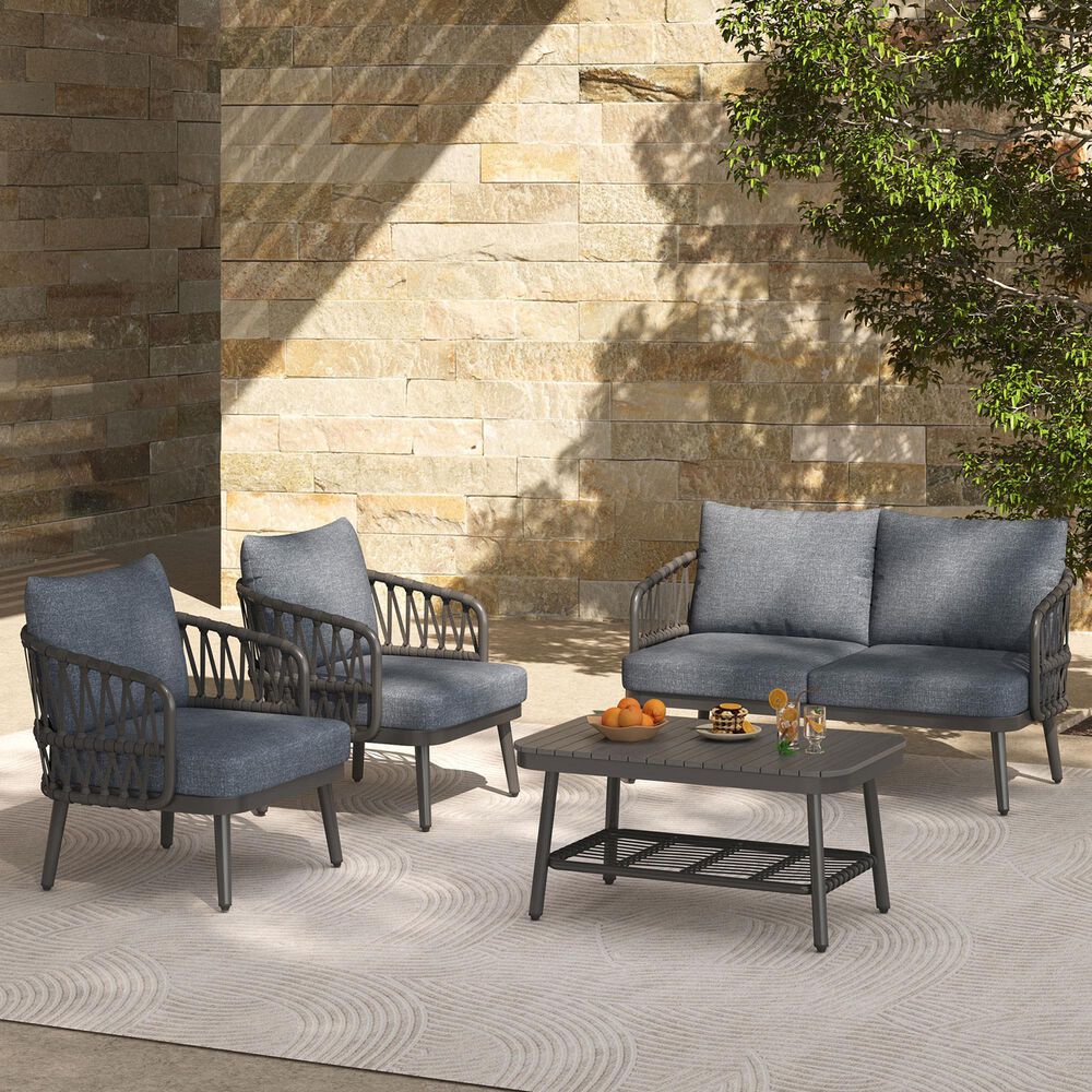 Hearth and Haven 4-Piece Patio Conversation Set with Gray Cushion in Black, , large