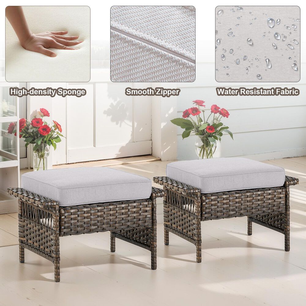 Sunwell Garden Outdoor Ottoman with Beige Cushion in Brown (Set of 2), , large