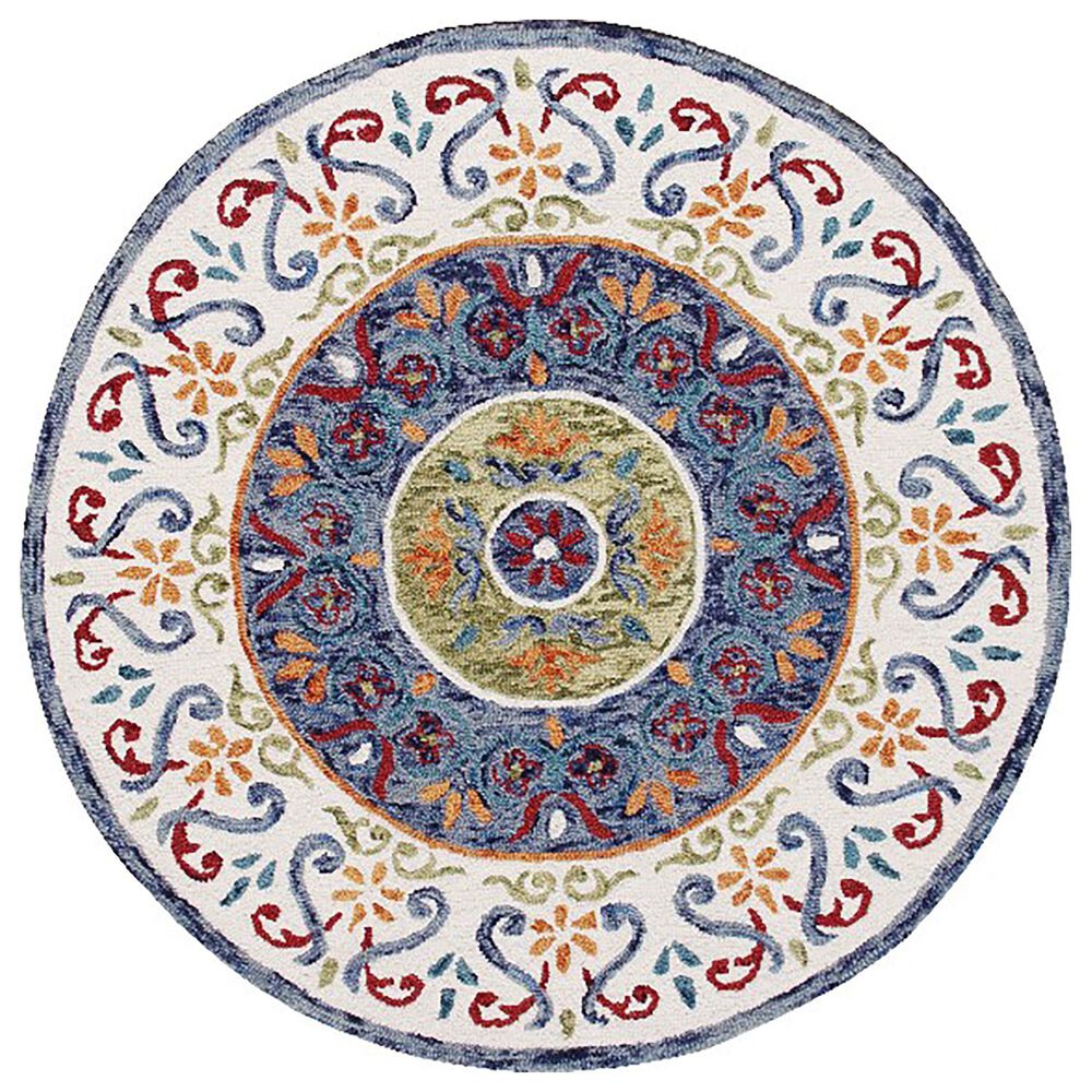 L&R Resources Sinuous Floral Medallion Mosaic 4" Round White, Green, Blue, Red and Orange Area Rug, , large