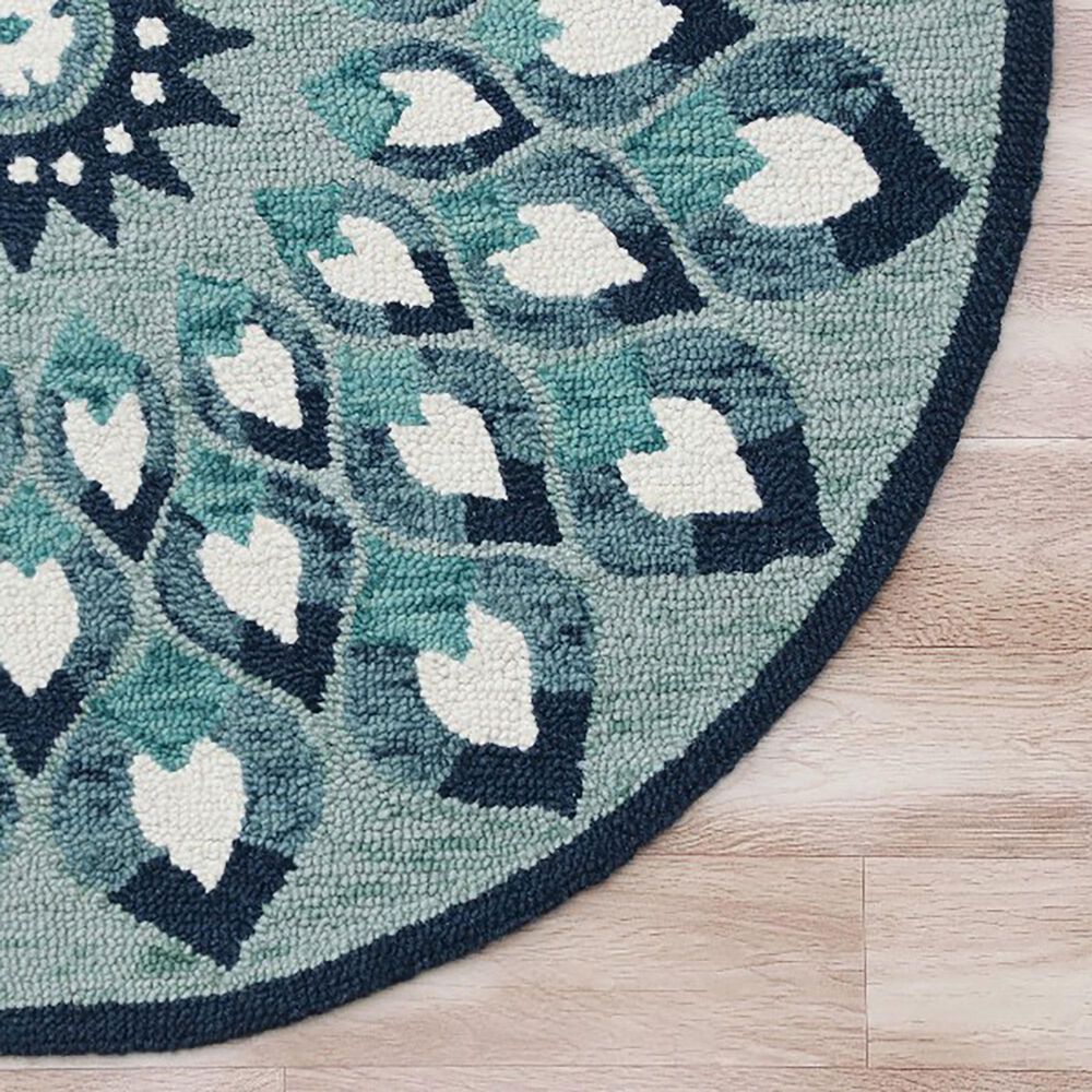 L&amp;R Resources Sinuous Feathering Floral 6&#39; Round Blue, Navy, Teal and White Area Rug, , large