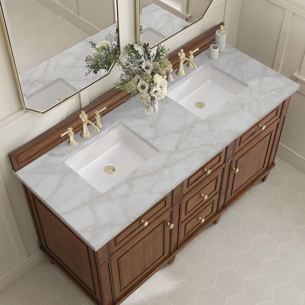 James Martin Vanities Lorelai 60&quot; Double Vanity in Mid-Century Walnut with 3 cm Victorian Silver Quartz Top, , large