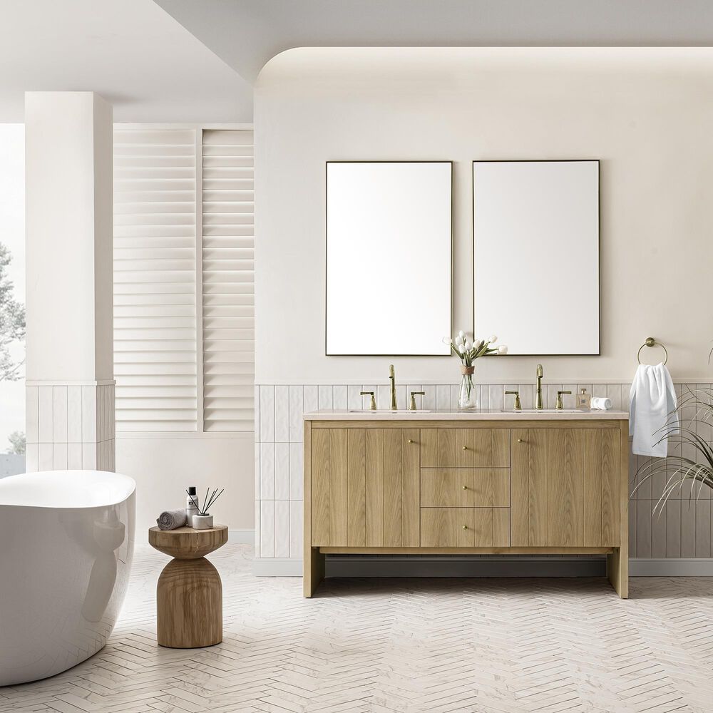 James Martin Vanities Hudson 60&quot; Double Bathroom Vanity in Light Natural Oak with 3 cm Eternal Marfil Quartz Top and Rectangular Sinks, , large