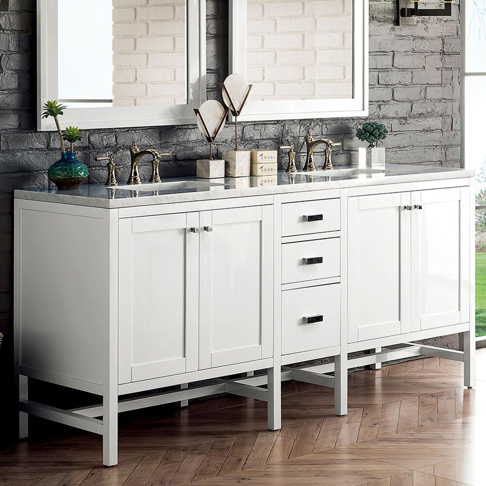 James Martin Vanities Addison 72&quot; Double Bathroom Vanity in Glossy White with 3 cm Carrara White Marble Top and Rectangular Sinks, , large