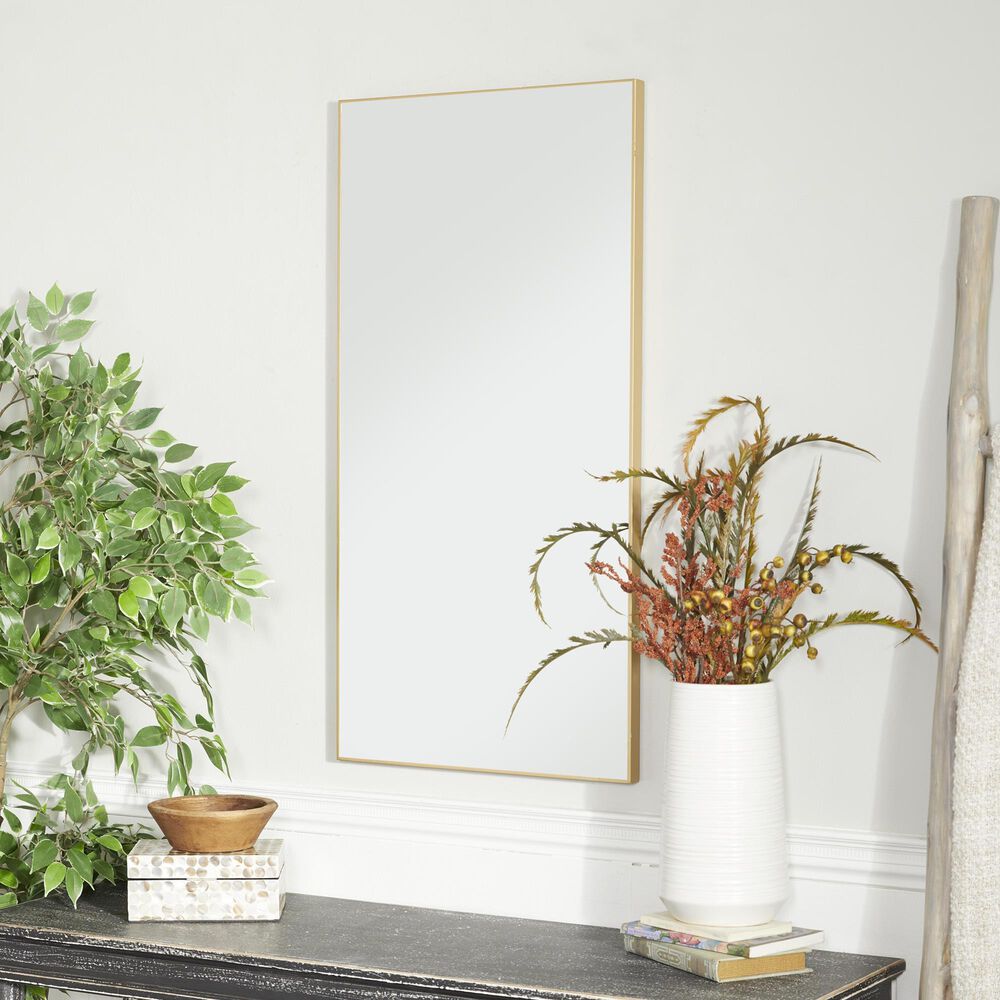 Maple and Jade 36&quot; x 18&quot; Rectangular Wood Wall Mirror with Thin Minimalistic Frame in Matte Gold, , large