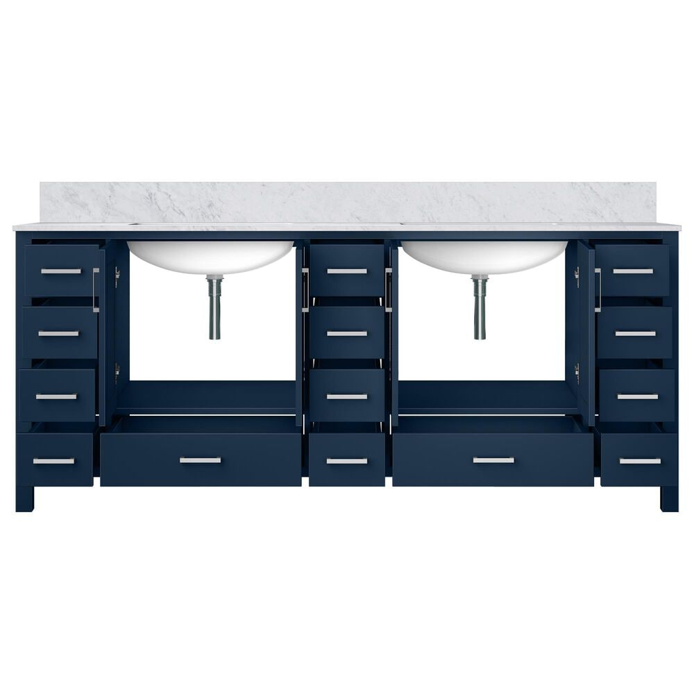Lexora Home Jacques 84&quot; Double Bathroom Vanity in Navy Blue with 2 cm White Carrara Marble Top and Rectangular Sinks, , large