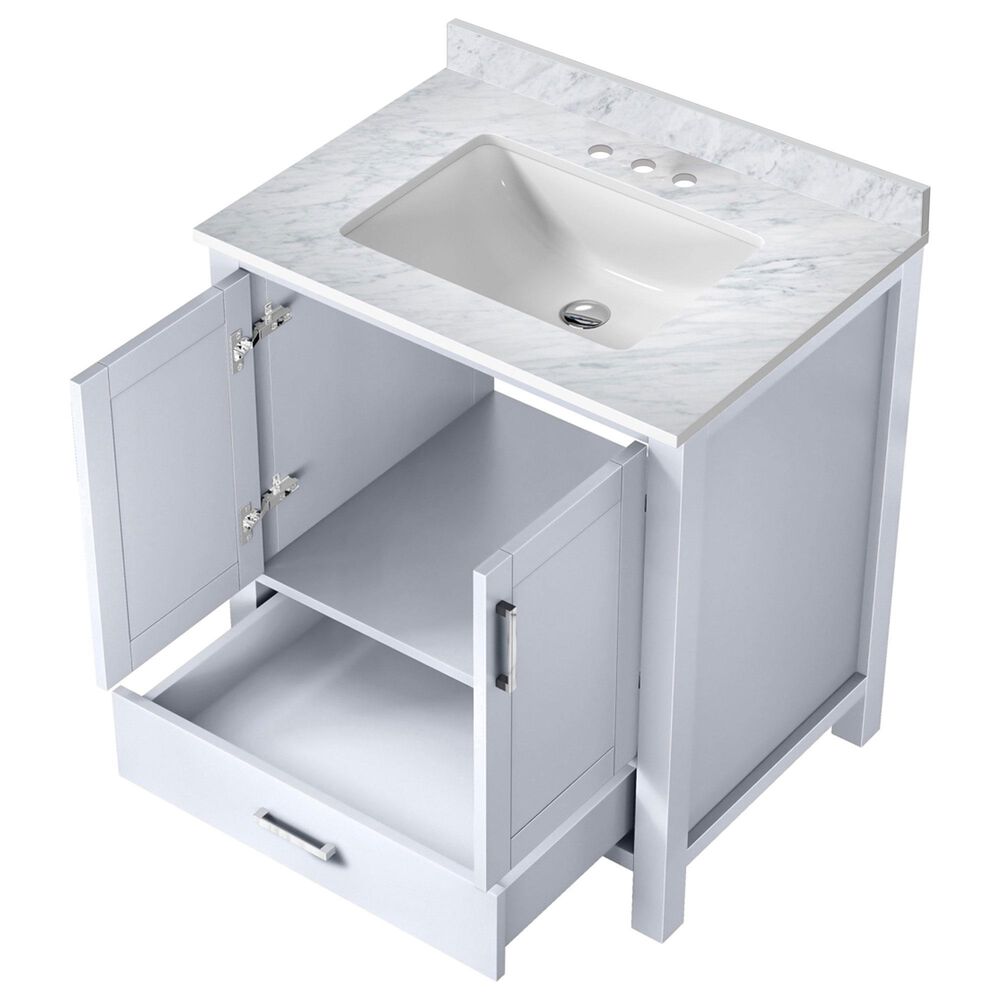 Lexora Home Jacques 30&quot; Single Bathroom Vanity in White with 2 cm White Carrara Marble Top and Rectangular Sink, , large
