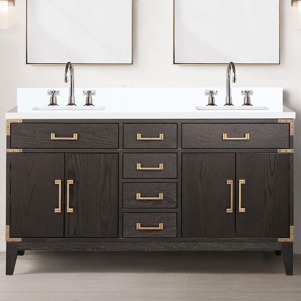Lexora Home Laurel 60&quot; Double Bathroom Vanity in Brown Oak with White Quartz Top and Rectangular Sinks, , large