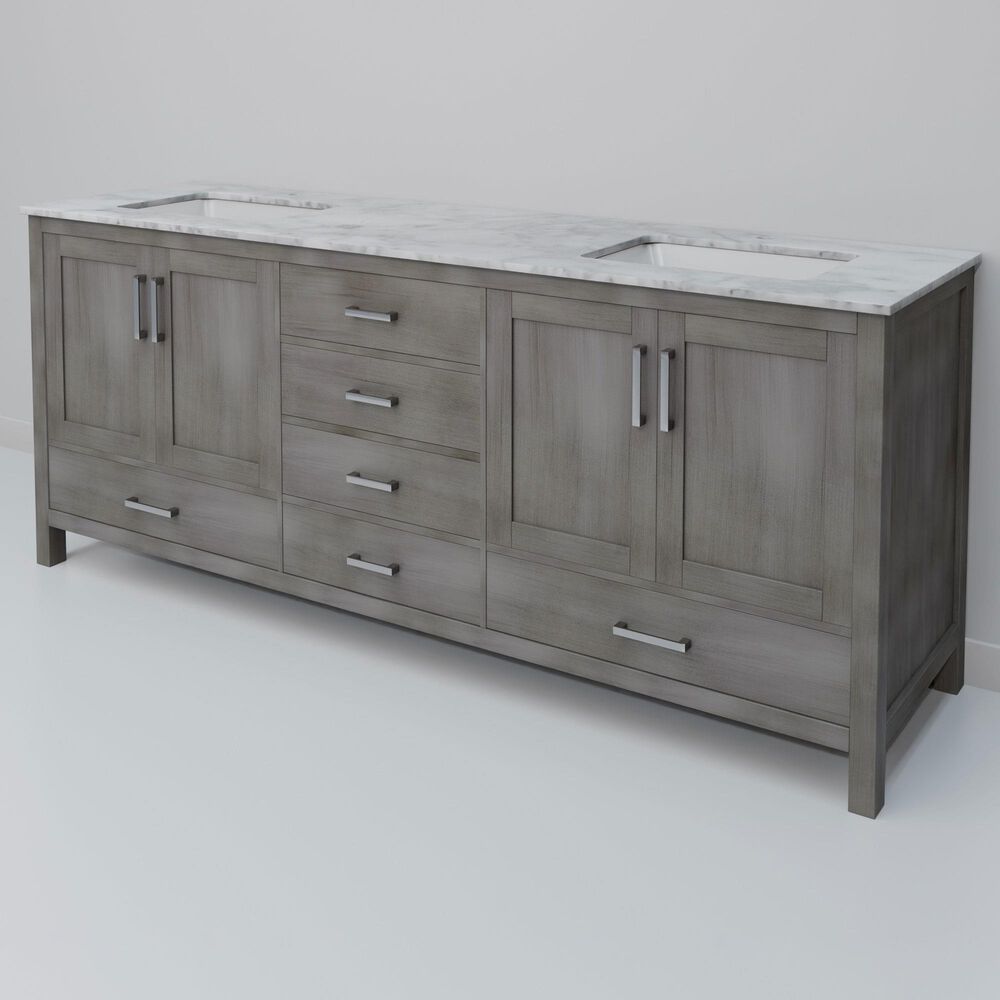 Lexora Home Jacques 72" Double Bathroom Vanity in Distressed Grey with 2 cm White Carrara Marble Top and Rectangular Sinks, , large