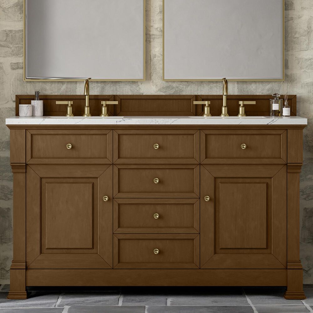 James Martin Vanities Brookfield 60&quot; Double Bathroom Vanity in Honey Oak with 3 cm Ethereal Noctis Quartz Top and Rectangular Sinks, , large