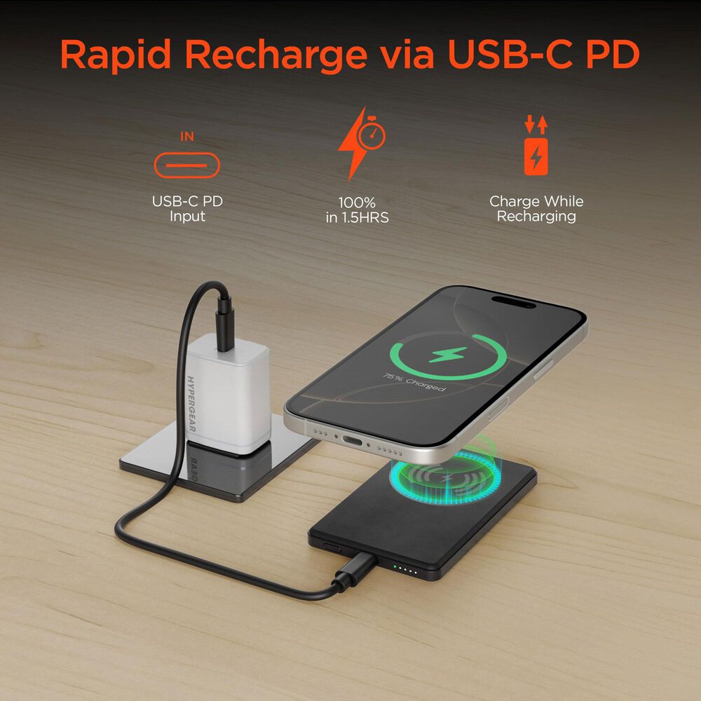 Hypercel Mag 5000mAh Ultra-Slim Magnetic Wireless Fast Charge Power Bank in Black, , large