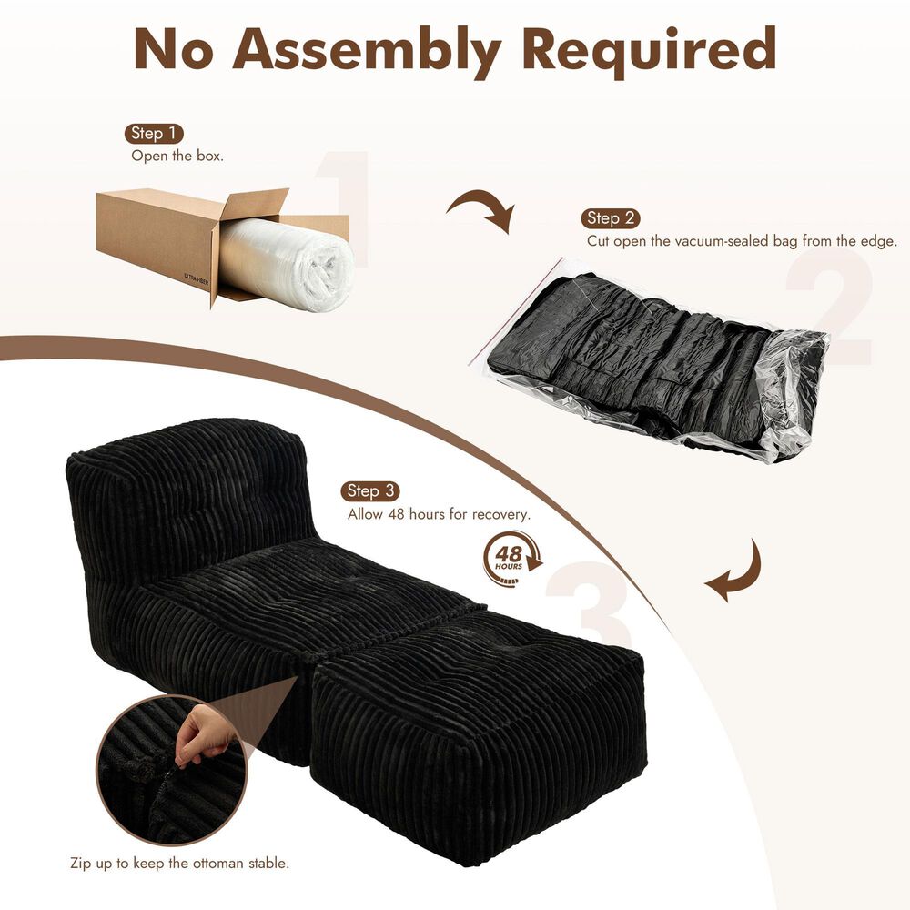 HOMLUX 2-Piece Bean Bag Chair and Ottoman in Black, , large