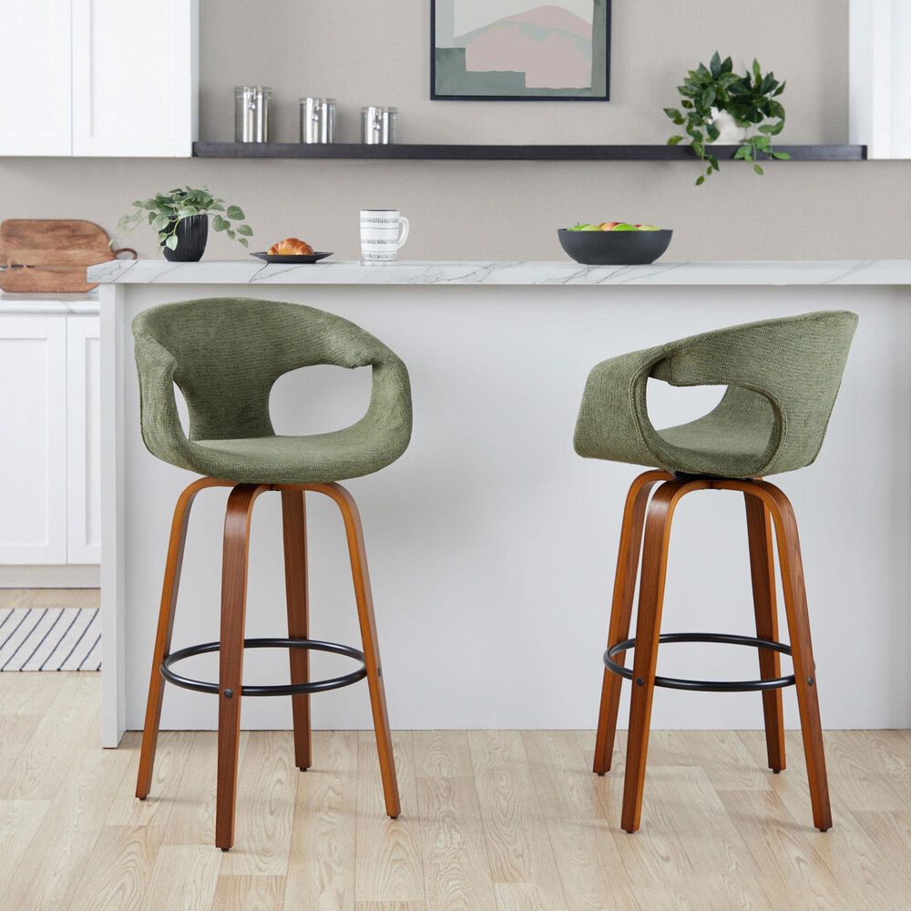 LumiSource Curva 30" Swivel Barstool with Green Upholstery in Walnut and Black (Set of 2), , large