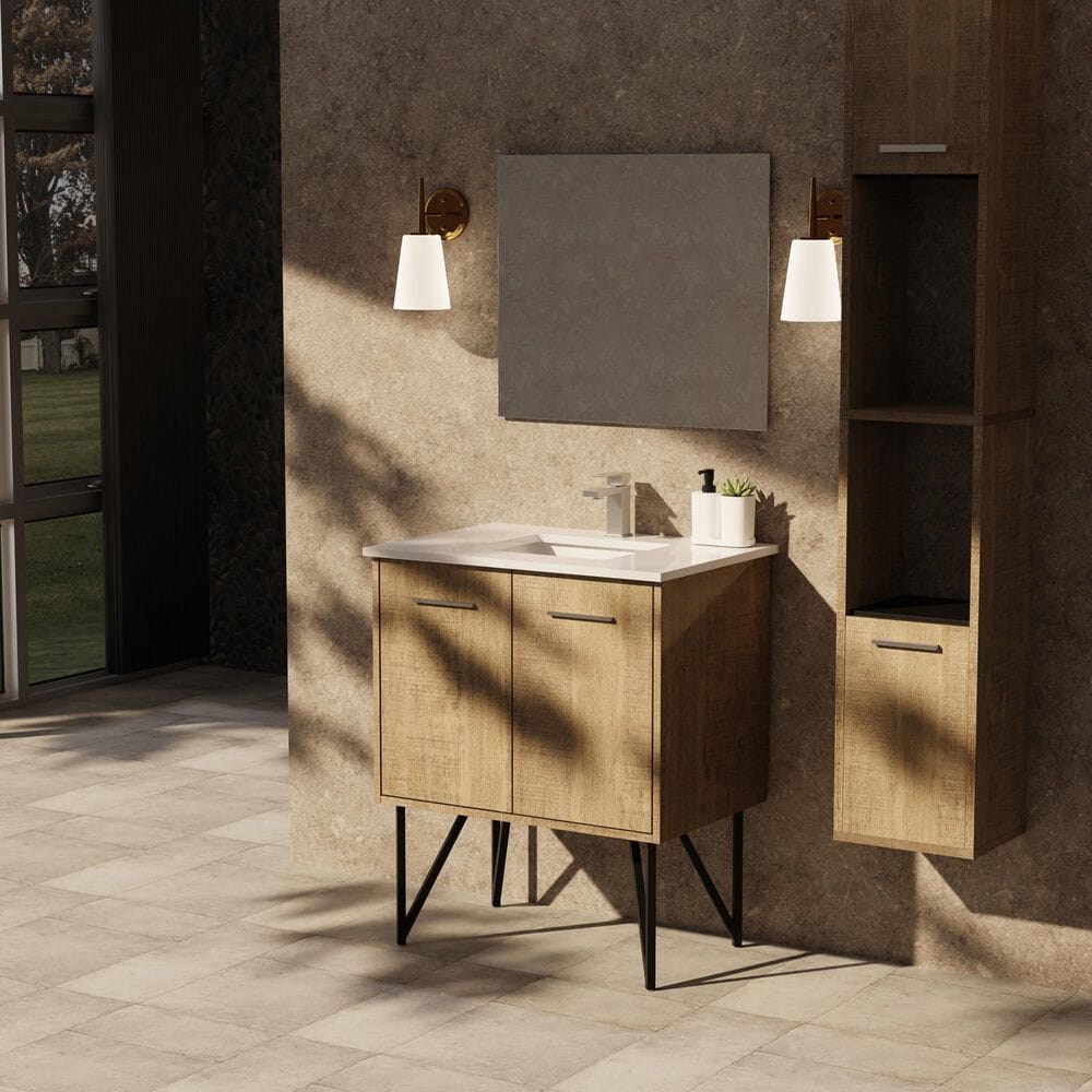 Lexora Home Lancy 30&quot; Single Bathroom Vanity in Rustic Acacia with 2 cm White Cultured Marble Top and Rectangular Sink, , large