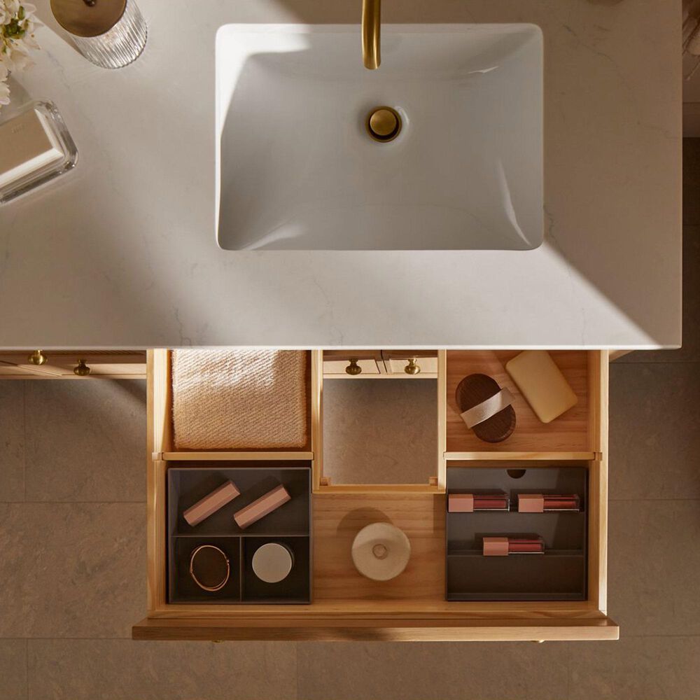 Kohler Malin 60" Double Bathroom Vanity in White Oak with 3 cm White Quartz Top and Rectangular Sinks, , large