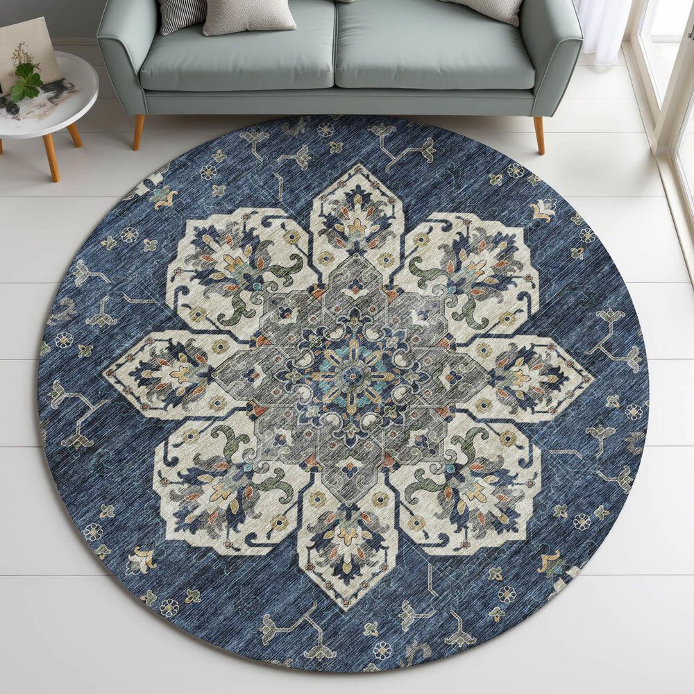 Dalyn Rug Company Silk Road Navy, Beige, Ivory, Gold, Copper and Gray 8&#39; Round Area Rug, , large