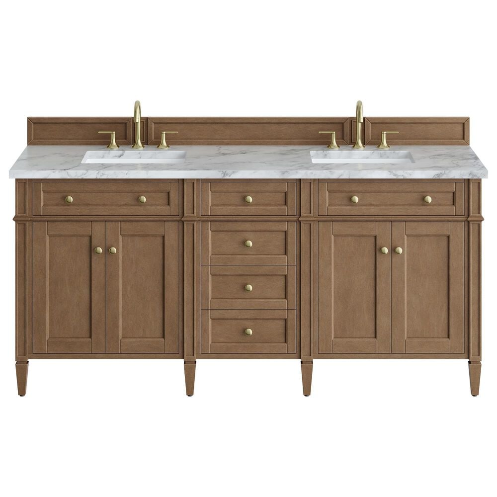 James Martin Brittany 72" Double Bathroom Vanity in Pecan with 3 cm Carrara Marble Top and Rectangular Sinks, , large