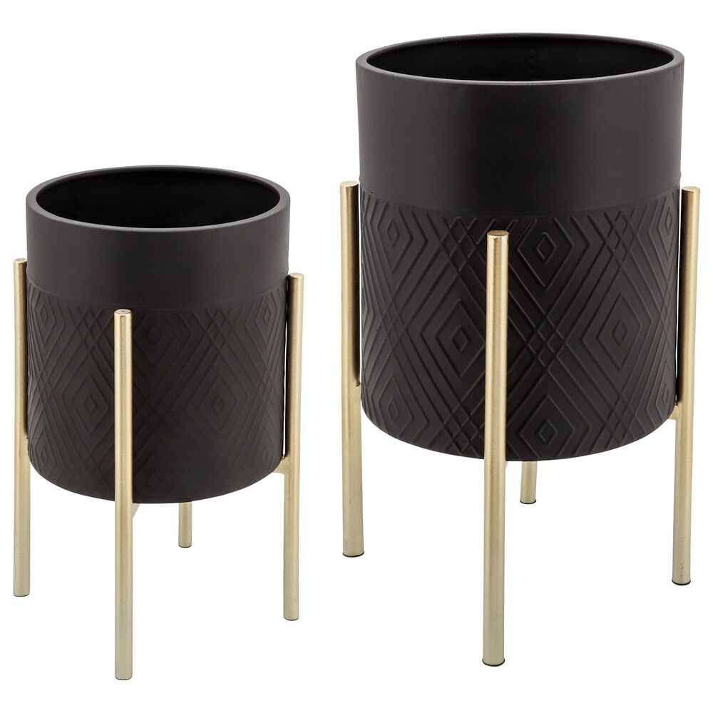 Sagebrook Home Diamond Planter on Metal Stand in Black and Gold (Set of 2), , large