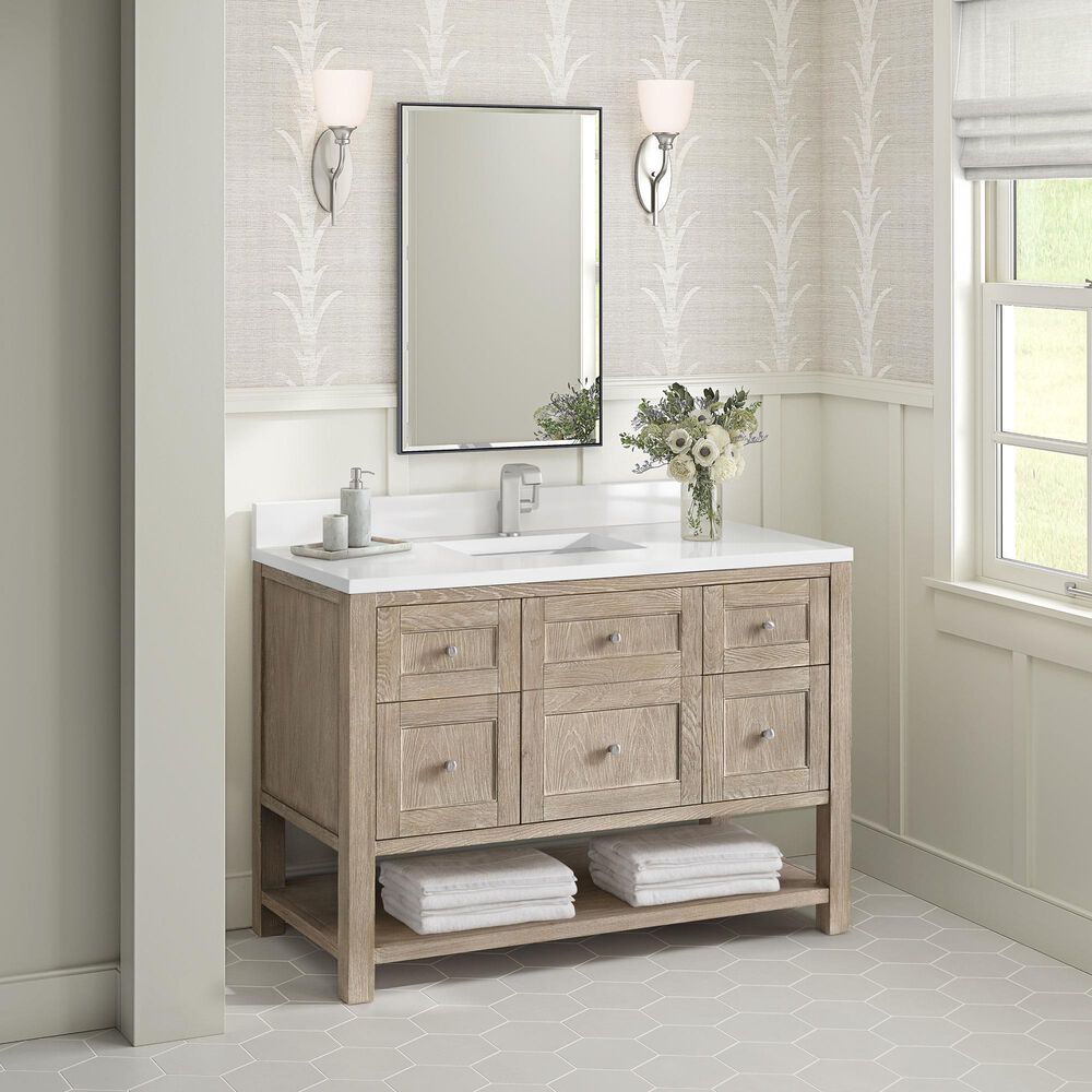 James Martin Vanities Breckenridge 48&quot; Single Vanity in Whitewashed Oak with Single Hole 3 cm White Zeus Quartz Top &amp; Backsplash, , large