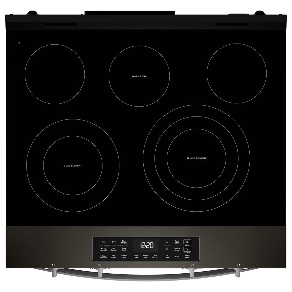 Whirlpool 2-Piece Kitchen Package with Black Stainless 5 Cu. Ft. Smart Electric Range and Fingerprint Resistant Stainless Steel 1.1 Cu. Ft. Flush Mount Microwave, , large