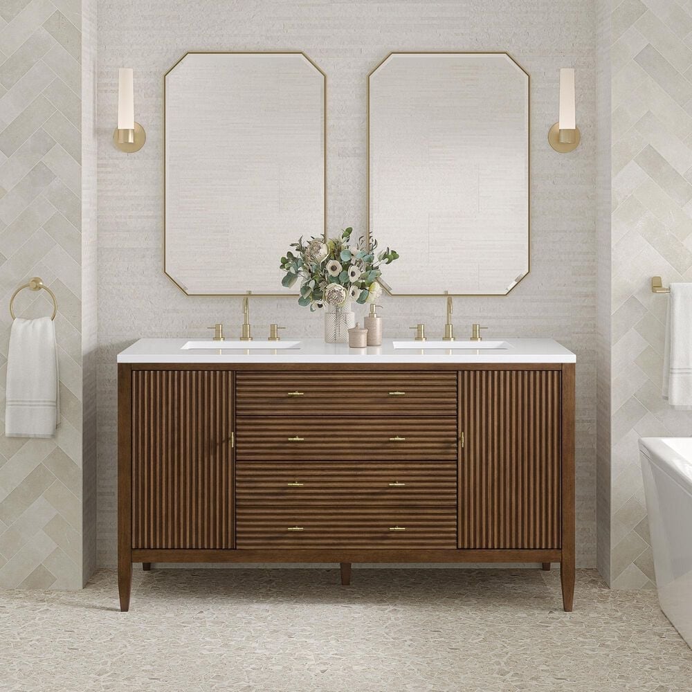 James Martin Vanities Mirin 60&quot; Double Vanity in Mid Century Walnut with 3 cm White Zeus Quartz Top, , large