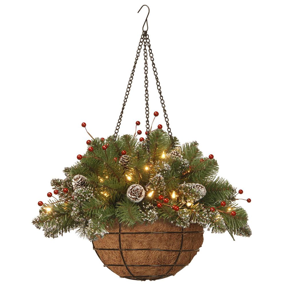 National Tree 20" Glittery Mountain Spruce Hanging Basket with Battery Operated Warm White LED Lights, , large