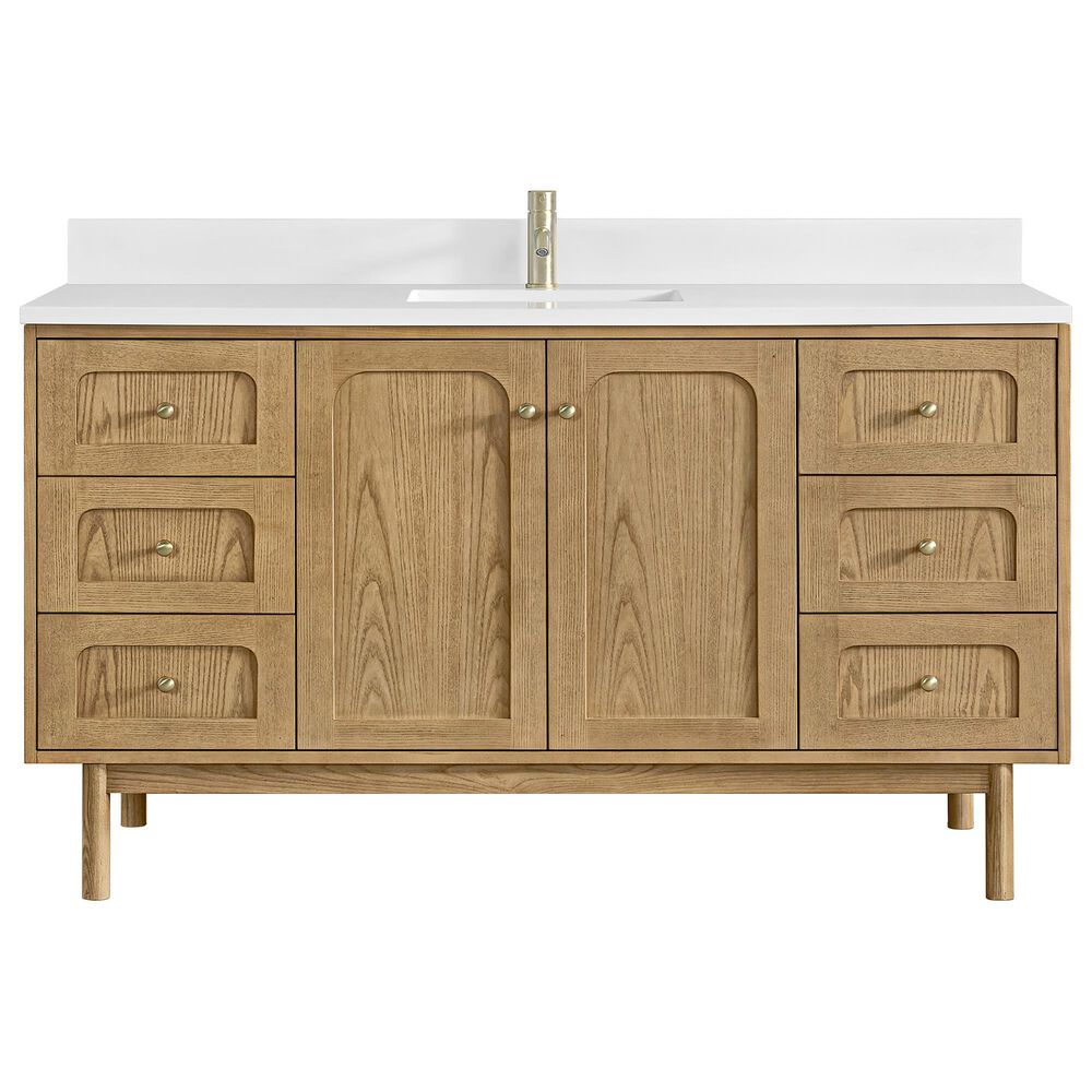 James Martin Vanities Laurent 60" Single Bathroom Vanity in Light Natural Oak with Single Hole 3 cm White Zeus Quartz Top and Rectangular Sink, , large