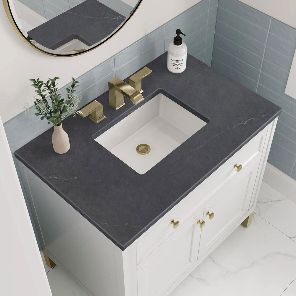 James Martin Vanities Chicago 36&quot; Single Bathroom Vanity in Glossy White with 3 cm Charcoal Soapstone Quartz Top and Rectangular Sink, , large
