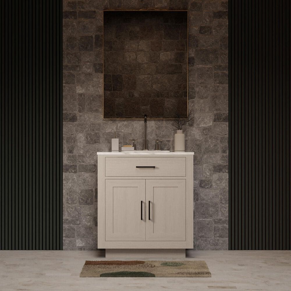 Lexora Home Abbey 30" Single Bathroom Vanity in White Oak with 2 cm White Carrara Marble Top and Rectangular Sink, , large