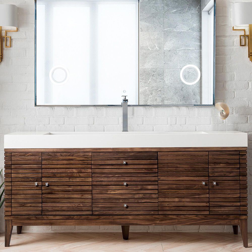 James Martin Vanities Linear 72&quot; Single Bathroom Vanity in Mid Century Walnut with 10 cm Glossy White Solid Surface Top and Rectangular Sink, , large
