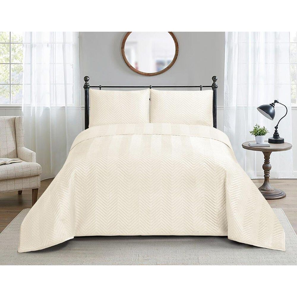 Duke Imports Virah Bella Micromink 3-Piece Full/Queen Quilt Set in Alabaster Chevron, , large