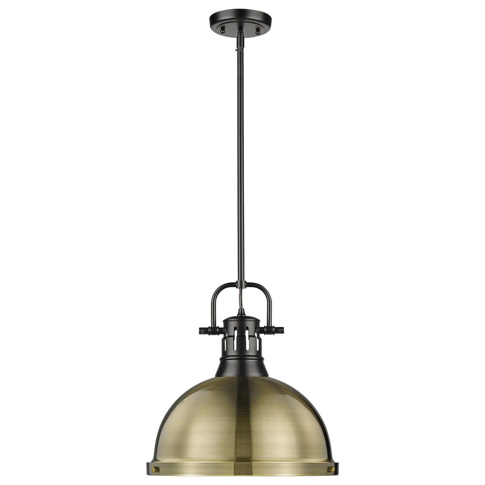 Golden Lighting Duncan 1-Light Pendant with Rod and Aged Brass Shade in Matte Black, , large