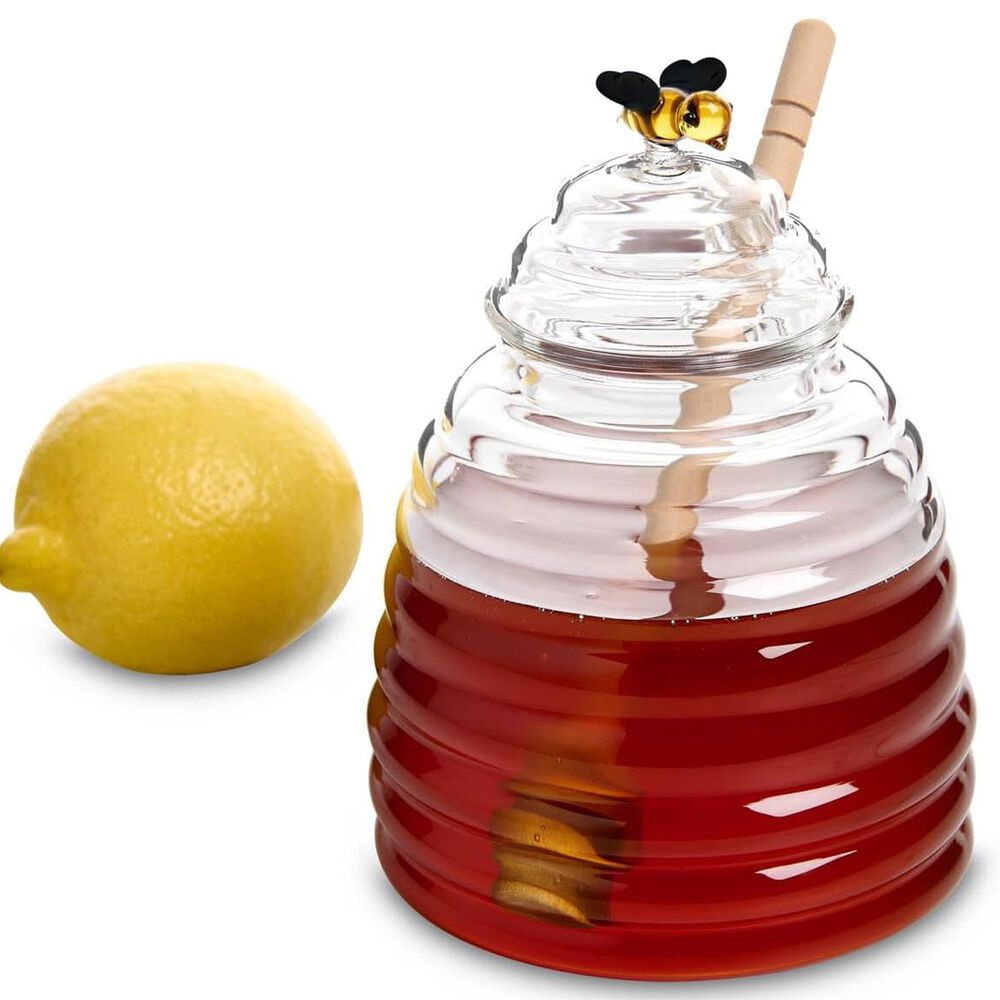 HIC Kitchen Glass Honey Jar with Lid and Honey Dipper in Clear and Brown, , large