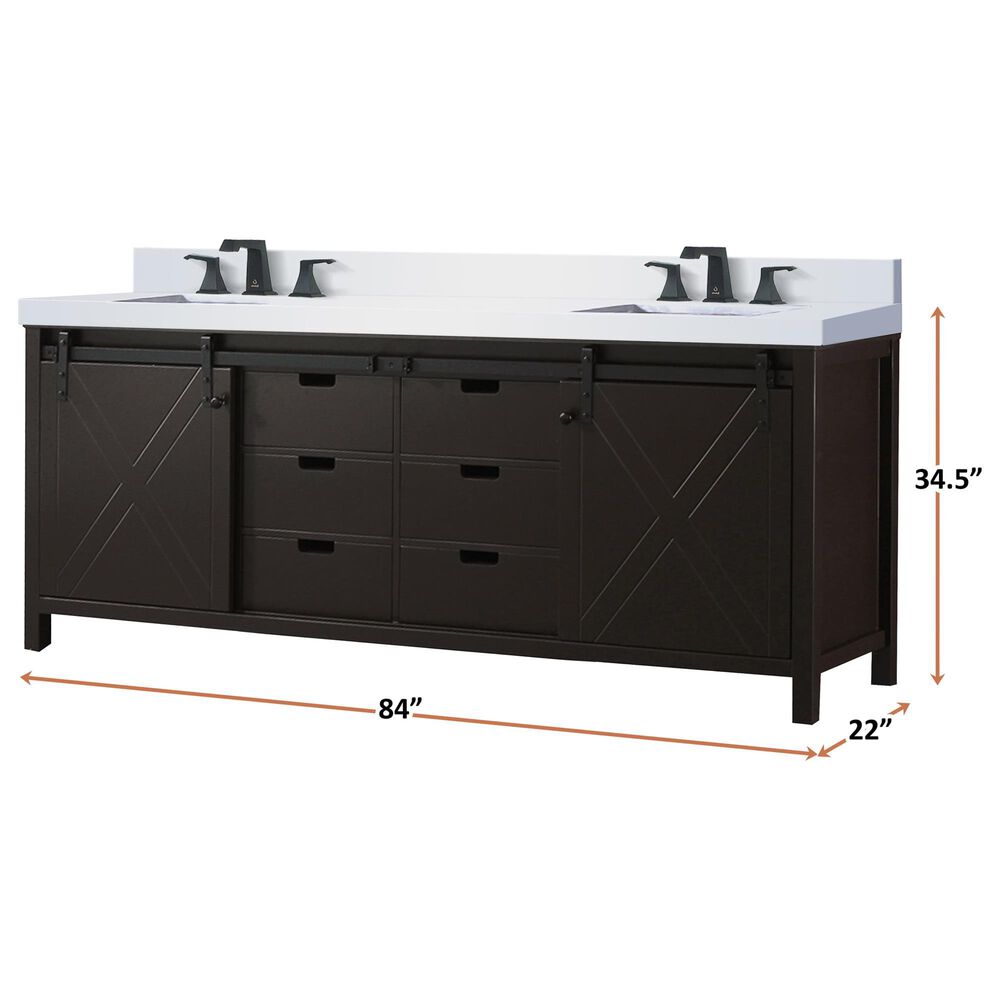 Lexora Home Marsyas 84&quot; Double Bathroom Vanity in Brown with 2 cm White Cultured Marble Top and Rectangular Sinks, , large