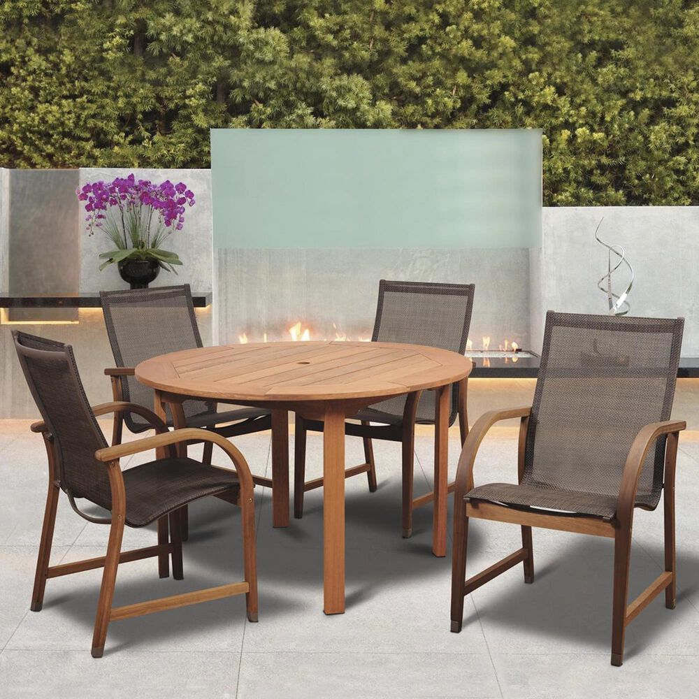 International Home Miami Amazonia Bahamas 5-Piece Ecualyptus Round Dining Set with Brown Sling Chair, , large