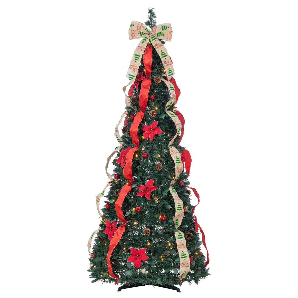 The Gerson Company 6" Pop-Up Decorated Pine Tree with 100 UL Warm White LED Lights in Green, Red and Gold, , large