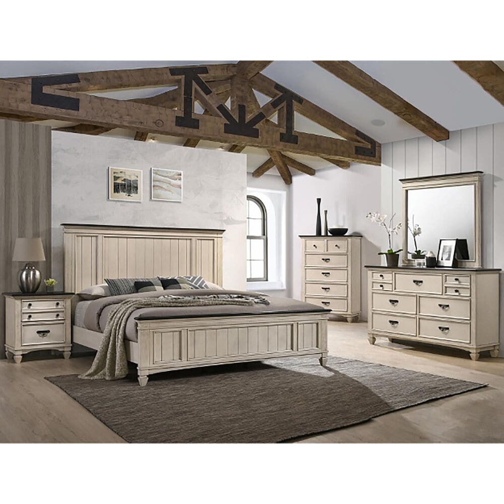 Claremont Sawyer 4 Piece King Bedroom Set in Antique White and Brown, , large