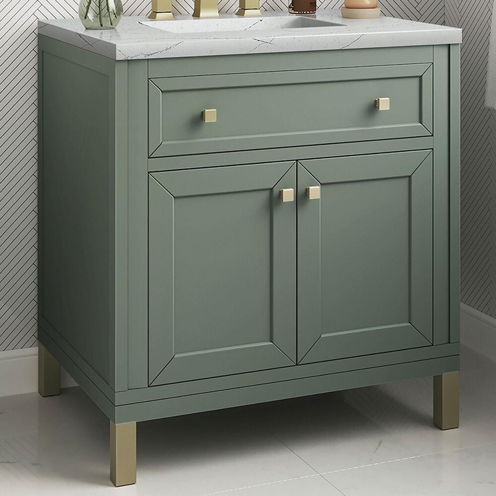 James Martin Vanities Chicago 30&quot; Single Bathroom Vanity in Smokey Celadon with 3 cm Ethereal Noctis Quartz Top and Rectangular Sink, , large